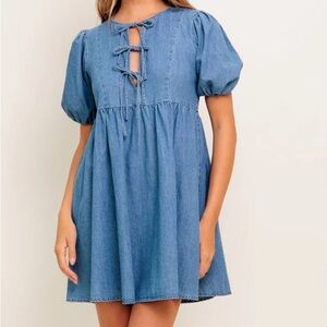 Flying Tomato Denim Dress with Puff Sleeves